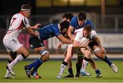 18 September 2015; Ethan Harbinson, Ulster, in action against Leinster's David Aspil and Max Deegan. U20 Interprovincial Rugby Championship, Round 3, Leinster v Ulster. Donnybrook Stadium, Donnybrook, Dublin. Picture credit: Stephen McCarthy / SPORTSFILE