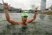 19 September 2015; Tony O'Shields celebrates winning the men's portion of the Dublin City Liffey Swim. Dublin City Liffey Swim. Dublin. Picture credit: Cody Glenn / SPORTSFILE