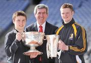 7 February 2009; The 2008 winning minor captains Ryan Pickering, left, of Tyrone, and Tom Breen, of Kilkenny with Padraig McManus, Chief Executive, ESB and the Irish Press and Tom Markham Cups at the launch of the 2009 ESB All-Ireland Minor Football and Hurling Championships. Croke Park, Dublin. Picture credit: Brendan Moran / SPORTSFILE