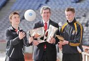 7 February 2009; The 2008 winning minor captains Ryan Pickering, left, of Tyrone, and Tom Breen, of Kilkenny with Padraig McManus, Chief Executive, ESB and the Irish Press and Tom Markham Cups at the launch of the 2009 ESB All-Ireland Minor Football and Hurling Championships. Croke Park, Dublin. Picture credit: Brendan Moran / SPORTSFILE