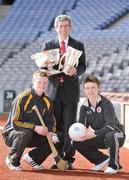 7 February 2009; The 2008 winning minor captains Tom Breen, left, of Kilkenny and Ryan Pickering of Tyrone, with Padraig McManus, Chief Executive, ESB and the Irish Press and Tom Markham Cups at the launch of the 2009 ESB All-Ireland Minor Football and Hurling Championships. Croke Park, Dublin. Picture credit: Brendan Moran / SPORTSFILE