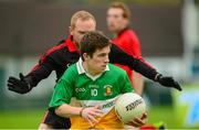 19 September 2015; Aidan Fullerton, Carrickmore, in action against John McCarron, Truagh Gaels. FBD7s Senior All Ireland Football 7s at Kilmacud Crokes. Semi-Final, Truagh Gales, Monaghan, v Carrickmore, Tyrone. Glenalbyn House, Stillorgan, Co. Dublin. Picture credit: Piaras Ó Mídheach / SPORTSFILE