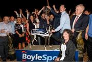 19 September 2015; Trainer and breeder Liam Dowling, centre left with trophy, and the winning connections of Ballymac Matt after winning The Final of the 2015 Boylesports Irish Greyhound Derby. Boylesports Irish Derby Final. Shelbourne Park, Dublin. Picture credit: Cody Glenn / SPORTSFILE