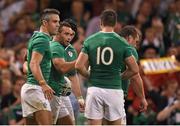 19 September 2015; Dave Kearney, Ireland, is congratulated by team-mates Conor Murray, left, and Jonathan Sexton, 10, after scoring a try. 2015 Rugby World Cup, Pool D, Ireland v Canada. Millennium Stadium, Cardiff, Wales. Picture credit: Stephen McCarthy / SPORTSFILE