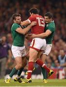 19 September 2015; Ciaran Hearn, Canada, is tackled by Jared Payne, left, and Jonathan Sexton, Ireland. 2015 Rugby World Cup, Pool D, Ireland v Canada. Millennium Stadium, Cardiff, Wales. Picture credit: Stephen McCarthy / SPORTSFILE