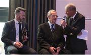19 September 2015; Tipperary’s Jimmy Finn who captained his side to All-Ireland glory in 1951 with Mícheál Ó Muircheartaigh and Donal Óg Cusack when he received the GPA Lifetime Achievement Awards for hurling at the GPA Former Players Event in Croke Park. Over 400 former county footballers and hurlers gathered at the annual lunch which is now in its third year. The event is part of the GPA’s efforts to develop an active player alumi. Croke Park, Dublin. Picture credit: Ray McManus / SPORTSFILE