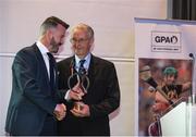 19 September 2015; Donal Óg Cusack, Chairman, Gaelic Players Association, presents Tipperary’s Jimmy Finn who captained his side to All-Ireland glory in 1951 with the GPA Lifetime Achievement Awards for hurling and football respectively at the GPA Former Players Event in Croke Park. Over 400 former county footballers and hurlers gathered at the annual lunch which is now in its third year. The event is part of the GPA’s efforts to develop an active player alumi. Croke Park, Dublin. Picture credit: Ray McManus / SPORTSFILE