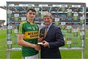 20 September 2015; 30 August 2015; Representing Electric Ireland, proud sponsor of the GAA All-Ireland Minor Championships, is Pat O'Doherty, Chief Executive, ESB, presenting Mark O'Connor, from kerry, with the Player of the Match award for his outstanding performance in the Electric Ireland GAA Minor Football Championship Final, Kerry v Tipperary in Croke Park. Throughout the Championship fans can follow the action, support the Minors and be a part of something major through the hashtag #ThisIsMajor. Croke Park, Dublin. Picture credit: Ramsey Cardy / SPORTSFILE