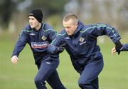 26 March 2009; Northern Ireland's Niall McGinn, left, and Sammy Clingan in action during squad training ahead of their 2010 FIFA World Cup Qualifier against Poland on Saturday. Northern Ireland squad training, Greenmount College, Antrim, Co. Antrim. Picture credit; Oliver McVeigh / SPORTSFILE