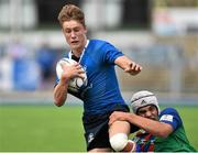 19 August 2015; Peter Hastie, Leinster, is tackled by Grayson Maguire, Irish Exiles. U18 Clubs Interprovincial, Leinster v Irish Exiles, Donnybrook Stadium, Donnybrook, Dublin. Picture credit: Matt Browne / SPORTSFILE