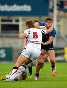 19 September 2015; Jordan Larmour, Leinster, is tackled by Marcus Rea and Ryan Wilson, Ulster. U19 Interprovincial Rugby Championship, Round 3, Leinster v Ulster. Donnybrook Stadium, Donnybrook, Dublin. Picture credit: Sam Barnes / SPORTSFILE