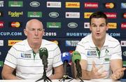 20 September 2015; Ireland team manager Michael Kearney and Jonathan Sexton during a press conference. Ireland Rugby Press Conference, 2015 Rugby World Cup. St George's Park, Burton-upon-Trent, England. Picture credit: Barrington Coombs / SPORTSFILE
