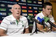 20 September 2015; Ireland manager Michael Kearney and Jonathan Sexton during a press conference. Ireland Rugby Press Conference, 2015 Rugby World Cup. St George's Park, Burton-upon-Trent, England. Picture credit: Barrington Coombs / SPORTSFILE
