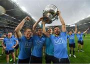 20 September 2015; Dublin players, from left, Michael Fitzsimons, Rory O'Carroll, Eoin Culligan and Cian O'Sullivan celebrate following their side's victory. GAA Football All-Ireland Senior Championship Final, Dublin v Kerry, Croke Park, Dublin. Picture credit: Stephen McCarthy / SPORTSFILE