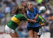 20 September 2015; Auveen O'Neill, Scoil Naomh Pádraigh, Ballyroad, Dublin, and Sally Murphy, Scoil Bhríde NS, Kilcullen, Kildare, representing Kerry, during the Cumann na mBunscol INTO Respect Exhibition Go Games 2015 at the GAA Football All-Ireland Senior Championship Final between Dublin and Kerry at Croke Park, Dublin. Picture credit: Stephen McCarthy / SPORTSFILE