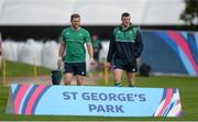 21 September 2015; Ireland's Darren Cave, left, and Robbie Henshaw arrive for squad training. Ireland Rugby Squad Training, 2015 Rugby World Cup, St George's Park, Burton-upon-Trent, England. Picture credit: Brendan Moran / SPORTSFILE