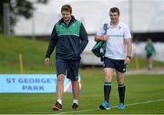 21 September 2015; Ireland's Iain Henderson, left, and Peter O'Mahony arrive for squad training. Ireland Rugby Squad Training, 2015 Rugby World Cup, St George's Park, Burton-upon-Trent, England. Picture credit: Brendan Moran / SPORTSFILE