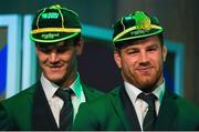 21 September 2015; Ireland's Jonathan Sexton, left, and Sean O'Brien with their World Cup caps during the Ireland Squad Rugby World Cup Official Welcome Ceremony. Ireland Welcome Ceremony, 2015 Rugby World Cup, Burton Town Hall, Burton-upon-Trent, England. Picture credit: Brendan Moran / SPORTSFILE
