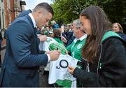 21 September 2015; Ireland's Robbie Henshaw signs autographs for fans before the Ireland Squad Rugby World Cup Official Welcome Ceremony. Ireland Welcome Ceremony, 2015 Rugby World Cup, Burton Town Hall, Burton-upon-Trent, England. Picture credit: Brendan Moran / SPORTSFILE