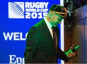 21 September 2015; Ireland captain Paul O'Connell with a bottle of Shamrock Stout he was presneted with after receiving his World Cup cap during the Ireland Squad Rugby World Cup Official Welcome Ceremony. Ireland Welcome Ceremony, 2015 Rugby World Cup, Burton Town Hall, Burton-upon-Trent, England. Picture credit: Brendan Moran / SPORTSFILE