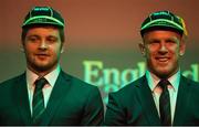 21 September 2015; Ireland locks Iain Henderson, left, and Paul O'Connell after receiving their World Cup caps during the Ireland Squad Rugby World Cup Official Welcome Ceremony. Ireland Welcome Ceremony, 2015 Rugby World Cup, Burton Town Hall, Burton-upon-Trent, England. Picture credit: Brendan Moran / SPORTSFILE