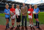 22 September 2015; In attendence at a photocall ahead of the TG4 All-Ireland Junior, Intermediate and Senior Ladies Football Championship Finals on Sunday next, are from left, senior finalists, Carla Rowe, Dublin, Cork captain Ciara O'Sullivan, Marie Hickey, President, Ladies Gaelic Football Association, Ronan O'Coisdealbha, Head of Sport, TG4, Eimear Scally, Cork, and Sorcha Furlong, Dublin. TG4 All-Ireland Ladies Football Championship Finals Captains Day. Croke Park, Dublin. Photo by Sportsfile