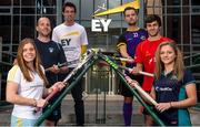 22 September 2015; Pictured at the launch of the inaugural EY Hockey League are, left to right, Katie Mullan, Peter Caruth, Andrew Ward, Alan Sothern, Matthew Bell and Chloe Watkins. For the first time ever the EY Hockey League will see the best teams in Ireland competing against each other week in week out for 18 competitive rounds. The league will play home to many of Ireland’s current international stars as well as a wealth of aspiring talent and team stalwarts. Launch of The EY Hockey League. EY, Harcourt Centre, Harcourt St, Dublin 2. Picture credit: Cody Glenn / SPORTSFILE