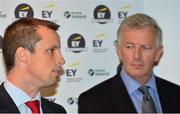 22 September 2015; Pictured at the launch of the inaugural EY Hockey League are EY Partner, Simon MacAllister, left, and Hockey Ireland CEO, Mike Heskin. For the first time ever the EY Hockey League will see the best teams in Ireland competing against each other week in week out for 18 competitive rounds. The league will play home to many of Ireland’s current international stars as well as a wealth of aspiring talent and team stalwarts. Launch of The EY Hockey League. EY, Harcourt Centre, Harcourt St, Dublin 2. Picture credit: Piaras Ó Mídheach / SPORTSFILE