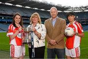 22 September 2015; In attendence at a photocall ahead of the TG4 All-Ireland Junior, Intermediate and Senior Ladies Football Championship Finals on Sunday next, are junior finalists, Louth captain Michelle McMahon, left, Marie Hickey, President, Ladies Gaelic Football Association, Ronan O'Coisdealbha, Head of Sport, TG4, and Louth footballer Paula Murray. TG4 All-Ireland Ladies Football Championship Finals Captains Day. Croke Park, Dublin. Photo by Sportsfile
