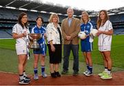 22 September 2015; In attendence at a photocall ahead of the TG4 All-Ireland Junior, Intermediate and Senior Ladies Football Championship Finals on Sunday next, are from left, intermediate finalists, Naoise Berry, Kildare, Waterford captain Linda Wall, Marie Hickey, President, Ladies Gaelic Football Association, Ronan O'Coisdealbha, Head of Sport, TG4, Elaine Power, Waterford, and Kildare captain Aisling Holton. TG4 All-Ireland Ladies Football Championship Finals Captains Day. Croke Park, Dublin. Photo by Sportsfile