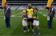 20 September 2015; Referee David Gough is presented with the match ball ahead of the game. Electric Ireland GAA Football All-Ireland Minor Championship Final, Kerry v Tipperary, Croke Park, Dublin. Picture credit: Stephen McCarthy / SPORTSFILE