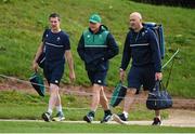 23 September 2015; Ireland head coach Joe Schmidt arrives for squad training with team physio Keith Fox, left, and team doctor Dr. Eanna Falvey, right. 2015 Rugby World Cup, Ireland Rugby Squad Training. St George's Park, Burton-upon-Trent, England. Picture credit: Brendan Moran / SPORTSFILE