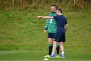 23 September 2015; Ireland's Robbie Henshaw with team physio Keith Fox during squad training. 2015 Rugby World Cup, Ireland Rugby Squad Training. St George's Park, Burton-upon-Trent, England. Picture credit: Brendan Moran / SPORTSFILE