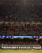 19 September 2015; The Ireland team lineup for the national anthem before the game. 2015 Rugby World Cup, Pool D, Ireland v Canada. Millennium Stadium, Cardiff, Wales. Picture credit: Brendan Moran / SPORTSFILE