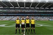 20 September 2015; Match officials from left, Ciaran Branagan, stand by, David Gough, referee, Liam Devenney, linesman, and Eamon O'Grady, sideline. Electric Ireland GAA Football All-Ireland Minor Championship Final, Kerry v Tipperary, Croke Park, Dublin. Picture credit: Stephen McCarthy / SPORTSFILE