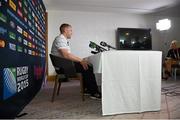 23 September 2015; Ireland's Keith Earls speaking to journalists at a press conference. 2015 Rugby World Cup, Ireland Rugby Press Conference. St George's Park, Burton-upon-Trent, England. Picture credit: Brendan Moran / SPORTSFILE