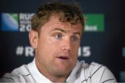 23 September 2015; Ireland's Jamie Heaslip speaking to journalists during a press conference. 2015 Rugby World Cup, Ireland Rugby Press Conference. St George's Park, Burton-upon-Trent, England. Picture credit: Brendan Moran / SPORTSFILE