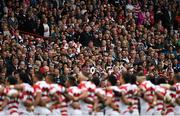 23 September 2015; The Japan team during the National Anthem. 2015 Rugby World Cup, Pool B, Scotland v Japan. Kingsholm Stadium, Gloucester, England. Picture credit: Ramsey Cardy / SPORTSFILE