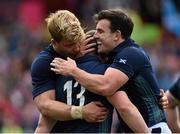 23 September 2015; Scotland's Mark Bennett, centre, is congratulated by team-mates David Denton, left, and Matt Scott. 2015 Rugby World Cup, Pool B, Scotland v Japan. Kingsholm Stadium, Gloucester, England. Picture credit: Ramsey Cardy / SPORTSFILE