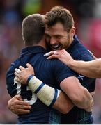 23 September 2015; Scotland's Mark Bennett, left, is congratulated by team-mate Sean Lamont after scoring his side's second try of the game. 2015 Rugby World Cup, Pool B, Scotland v Japan. Kingsholm Stadium, Gloucester, England. Picture credit: Ramsey Cardy / SPORTSFILE