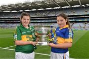 20 September 2015; Avril Dooley, Tipperary, and Emma O'Connor, with the Tom Markham cup before the game. Electric Ireland GAA Football All-Ireland Minor Championship Final, Kerry v Tipperary, Croke Park, Dublin. Picture credit: Ray McManus / SPORTSFILE
