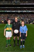20 September 2015; Colm O'Callaghan, Kerry, and Diarmuid Ó Dulaing, Dublin, bring out the match ball to referee David Coldrick before the game. GAA Football All-Ireland Senior Championship Final, Dublin v Kerry, Croke Park, Dublin. Picture credit: Ray McManus / SPORTSFILE