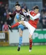 17 April 2009; Alan Cawley, St Patrick's Athletic, in action against Paul Shields, Drogheda United. League of Ireland Premier Division, St Patrick's Athletic v Drogheda United, Richmond Park, Dublin. Picture credit: Brian Lawless / SPORTSFILE