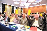 18 April 2009; Delegates including former Presidents Paddy McFlynn, Sean Loftus and Sean McCague vote in favour of the new rules motion during the 2009 GAA Annual Congress. Rochestown Park Hotel, Cork. Picture credit: Ray McManus / SPORTSFILE