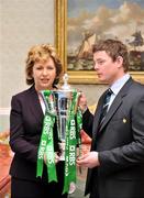 20 April 2009; President Mary McAleese holds the RBS 6 nations trophy with Ireland captain Brian O'Driscoll during the Ireland rugby team visit to Aras an Uachtarain. Aras an Uachtarain, Phoenix Park, Dublin. Picture credit: David Maher / SPORTSFILE