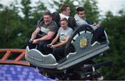 24 September 2015; Ireland players, clockwise from left, Tadhg Furlong, Jamie Heaslip and Conor Murray with a member of the public as they enjoy the Spinball ride at Alton Towers during a down day ahead of their Pool D match against Romania. St George's Park, Burton-upon-Trent, England. Picture credit: Brendan Moran / SPORTSFILE