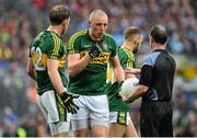 20 September 2015; Kerry's Kieran Donaghy, centre, and Donnchadh Walsh speak with referee David Coldrick. GAA Football All-Ireland Senior Championship Final, Dublin v Kerry, Croke Park, Dublin. Picture credit: Ramsey Cardy / SPORTSFILE