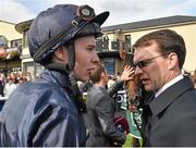 13 September 2015; Jockey Joseph O'Brien in the parade ring with trainer Aidan O'Brien after riding Air Force Blue to victory in the Goffs Vincent O'Brien National Stakes. Irish Champions Weekend. The Curragh, Co. Kildare. Picture credit: Cody Glenn / SPORTSFILE