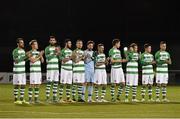 25 September 2015; The Shamrock Rovers players stand for a minute's silence in memory of former Shamrock Rovers, Manchester United and Republic of Ireland goalkeeper Pat Dunne. SSE Airtricity League Premier Division, Shamrock Rovers v Galway United, Tallaght Stadium, Tallaght, Co. Dublin. Picture credit: David Maher / SPORTSFILE