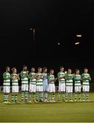 25 September 2015; The Shamrock Rovers players stand for a minute's silence in memory of former Shamrock Rovers, Manchester United and Republic of Ireland goalkeeper Pat Dunne. SSE Airtricity League Premier Division, Shamrock Rovers v Galway United, Tallaght Stadium, Tallaght, Co. Dublin. Picture credit: David Maher / SPORTSFILE